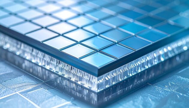 Close-up of a Futuristic Quantum Microchip with Reflective Blue Grid Pattern