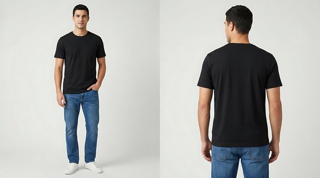 Young Man Standing and Facing Away in Casual Clothing.