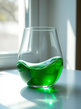 Emerald elixir in a glass vessel, light bathing its curves like liquid moonlight,  focus,  premium