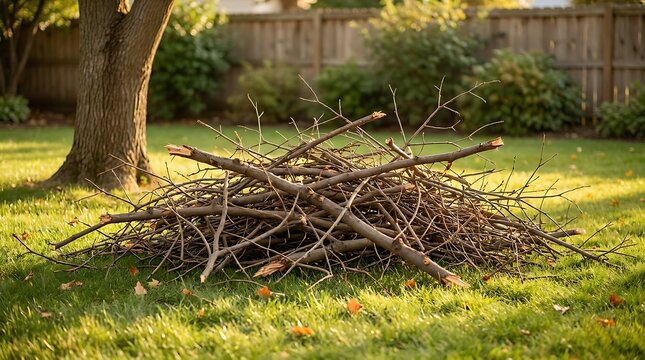 Messy pile of gathered brown tree branches resting on green backyard grass during warm autumn sunset with wooden fence and large tree trunk in residential garden.