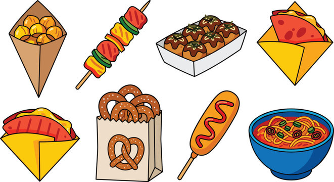 Fast Food and Street Food Icon Set with Corn Dog, Pretzel, Takoyaki, Skewer, and Noodles for Menu Designs