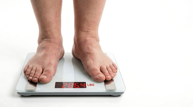 Overweight person standing on a digital bathroom scale showing a high weight reading against a white background.