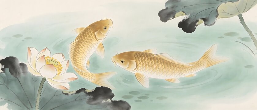 Two golden fish in lotus pond