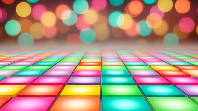 A vibrant, multi-colored illuminated dance floor featuring a grid of glowing squares, set against a soft, festive bokeh background of out-of-focus colorful lights.
