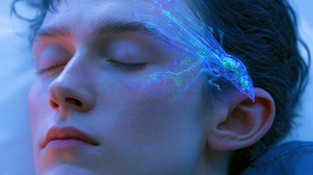 Cinematic close-up of glowing blue dream creature on sleeping figure in dark fantasy