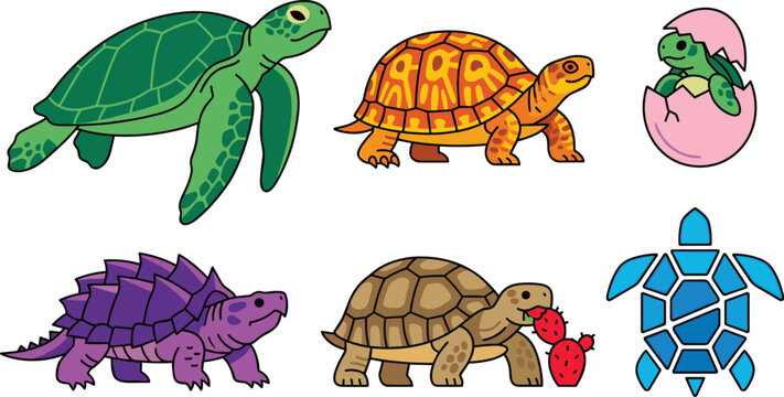 Cute Turtle and Tortoise Vector Icon Set Featuring Sea Turtle, Box Turtle, Hatchling in Egg, Spiky Alligator Snapping Turtle, Eating Cactus, and Geometric Logo Graphics