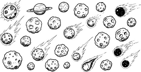 Hand-Drawn Celestial Bodies: Planets, Asteroids, and Comets Sketch Set © sari