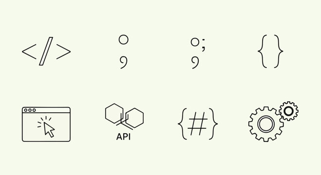 Minimalist coding icons set, software development symbols vector, programming language syntax signs, web engineering and API integration graphics