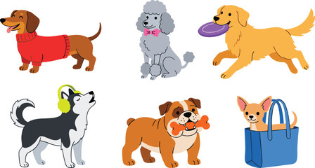 Cute Dog Breeds Vector Icon Set Featuring Dachshund in Sweater, Poodle, Golden Retriever, Husky with Headphones, Bulldog, and Chihuahua in Tote Bag for Pet Supplies Designs © Sufea