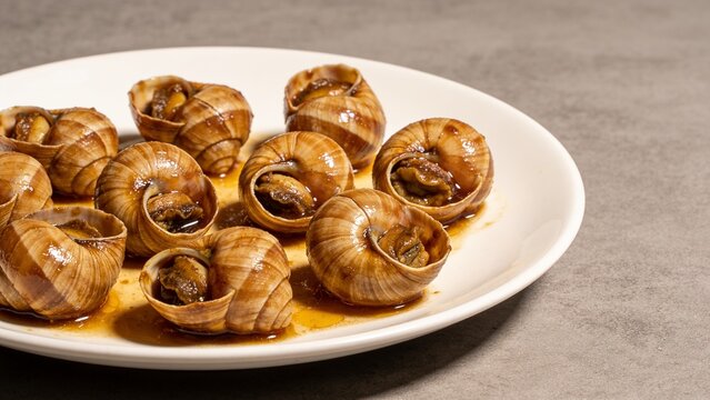 Traditional escargot served in elegant presentation, flat lay