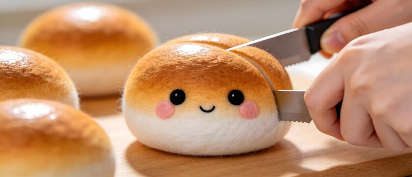 Person cutting a cute bread bun