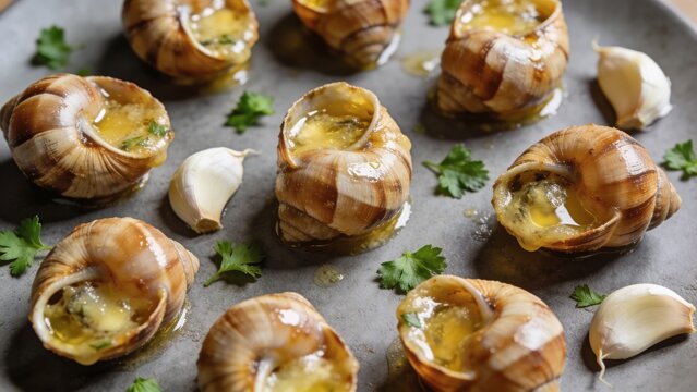 Delicious cooked snails served on grey table, flat lay