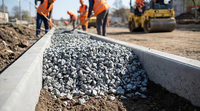 Construction workers laying curbs and gravel for road improvement project with heavy machinery and steamroller compacting surface outdoors.