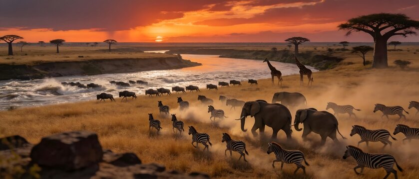 African wildlife migration at sunset