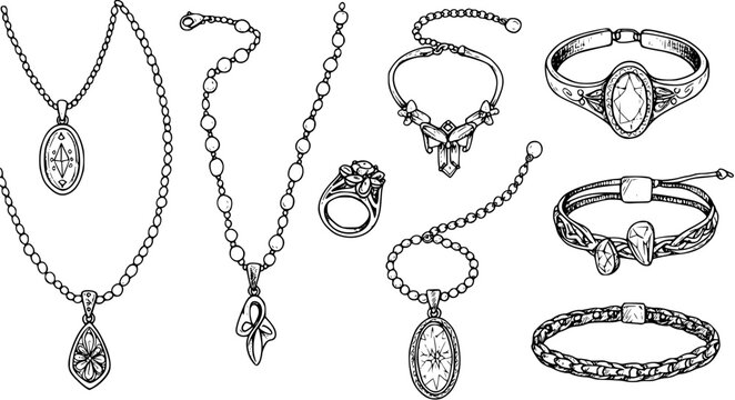 Jewelry Collection: Hand-Drawn Necklaces, Bracelets, and Ring in Sketch Style