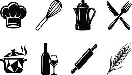 Culinary and restaurant black vector icon set with chef hat whisk coffee pot crossed knife and fork low poly steaming pot wine bottle rolling pin and wheat stalk © MstRowshan