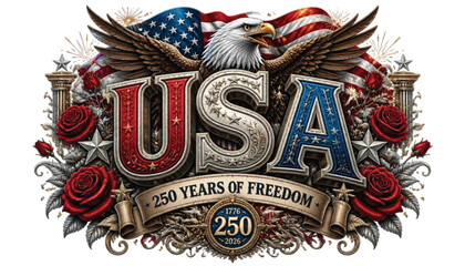 Naklejka premium USA 250 Years of Freedom Patriotic T-Shirt Design | American Eagle Flag PNG | USA 250 Anniversary Graphic