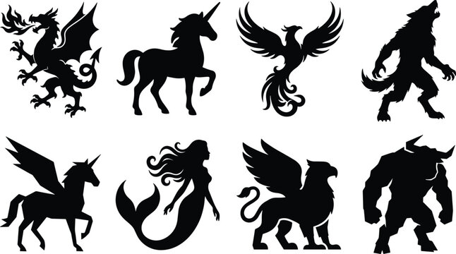 Black silhouette mythical creature icon set featuring fire breathing dragon, unicorn, phoenix bird, werewolf, pegasus, mermaid, griffin, and minotaur monster
