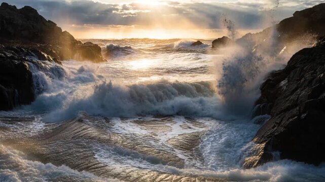 Ocean wave rocky coast sea spray golden sunset dramatic sky sunlight ray stormy water seascape powerful surf crashing rock spray foam sunrise