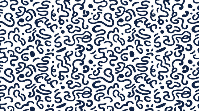 Abstract dark blue squiggle pattern with irregular curved shapes, dense organic texture design for textile and graphic projects