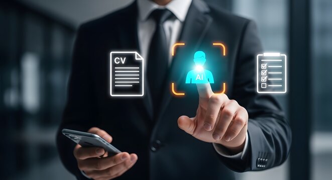 Man in suit uses AI for candidate selection, touching screen with resume icons