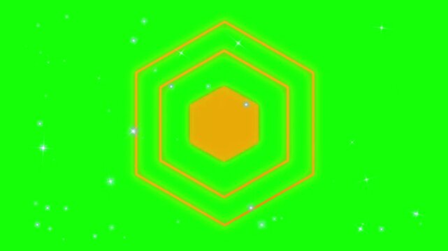 A vibrant green background with a yellow hexagon and orange outlines, surrounded by small white sparkles, creating a mesmerizing geometric pattern
