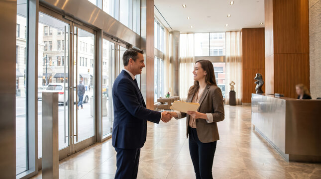 Businessman shaking hands with young professional woman holding folder in modern corporate lobby partnership agreement real estate finance service meeting client trust professional welcome