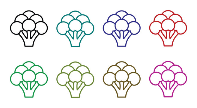 Broccoli outline icons, minimalist vector set featuring colorful broccoli symbols in multiple variations for healthy food concepts, nutrition graphics, organic branding, and dietary design projects
