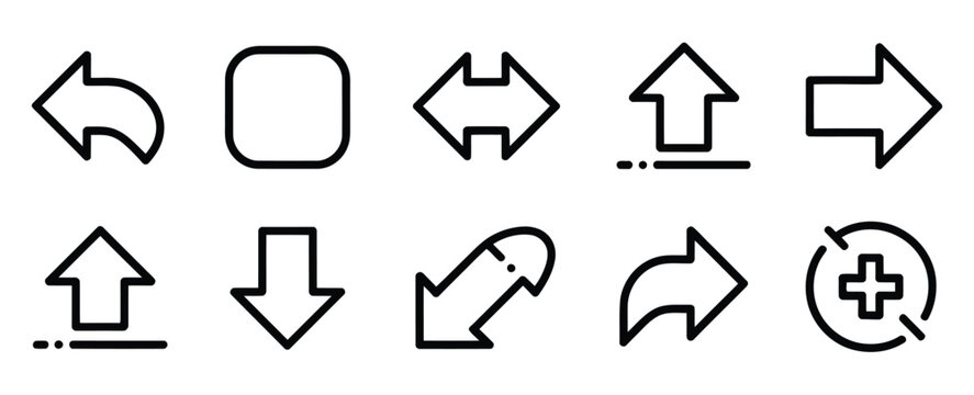 Arrow and interface line icons, minimalist vector set featuring directional arrows, navigation controls, and user interface symbols for websites, mobile apps, dashboards, and modern UI design systems