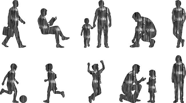 Human silhouette set with adults and children walking, sitting, kneeling, playing, jumping, and interacting in everyday activities