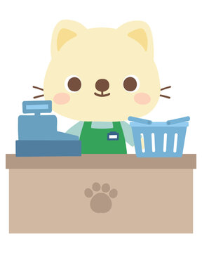 エプロン姿の猫店員のイラスト（レジと買い物カゴ）　働く　動物