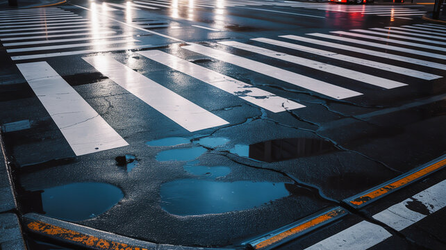 Wet city street with potholes and crosswalk at night wet pavement nighttime