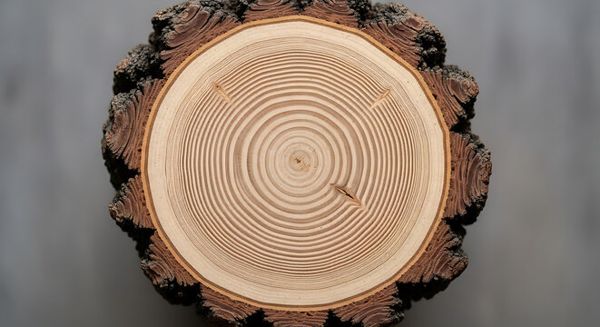 Close-up view of a tree trunk cross-section revealing intricate annual growth rings and natural bark texture.