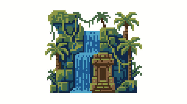 Tropical waterfall with stone temple entrance.