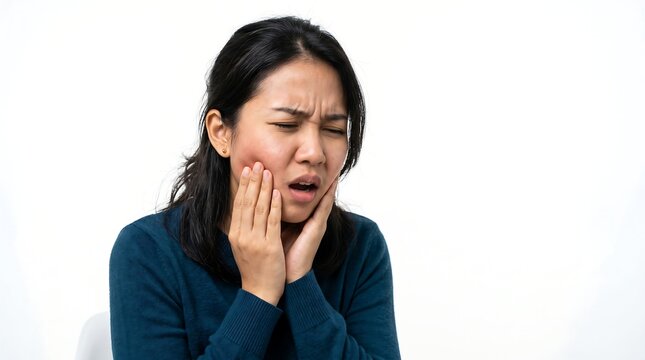 Young Asian woman touching her cheek and suffering from severe toothache or jaw pain isolated on white background