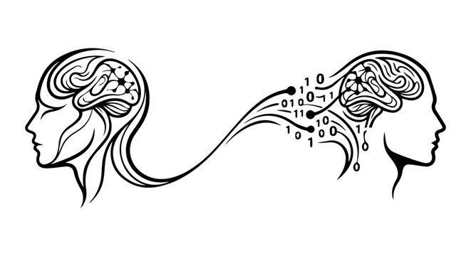 Artificial Intelligence Data Transfer, Human Brain Network Connection, Digital Information Exchange