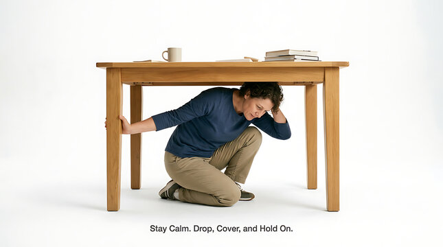 A person takes shelter under a wooden table during an earthquake, demonstrating a safety drill with the motto 'Stay Calm, Drop, Cover, and Hold On'.