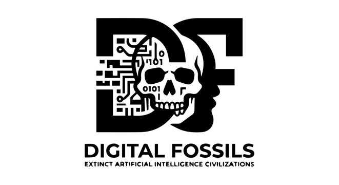 Digital Fossils Vector Logo, Extinct AI Civilizations, Skull Binary Code Circuitry, Black and White