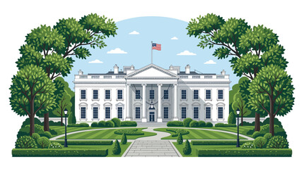 Obraz premium White building with green trees and lawn in a summer garden illustration