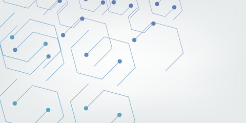 Fototapeta premium Futuristic molecular atom structure background with abstract hexagonal shapes, blue digital tech network lines, and creative corporate illustration.