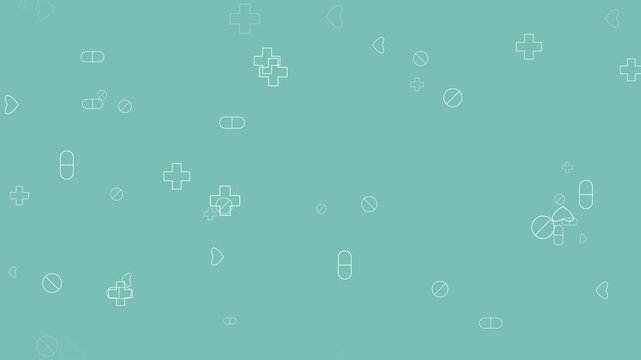 Minimalist medical background animation with floating thin line icons of pills, hearts, and crosses moving slowly on a clean mint green backdrop, ideal for healthcare presentations