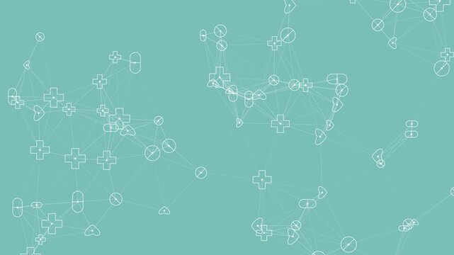 Abstract medical plexus network animation featuring thin line DNA structures, pills, and crosses interconnected over a clean mint green background, perfect for healthcare science promos