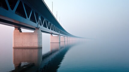 Fototapeta premium Long structural crossing spans over calm water disappearing into atmospheric haze
