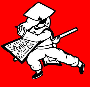 Stylized ninja warrior vector illustration with conical hat and banner isolated on red background.