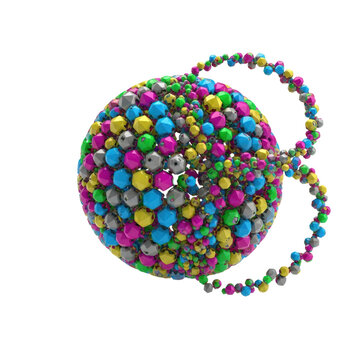 High-gloss polychromatic spherical structure of thousands of geometric blocks fragmenting dynamically against an infinite white void, 8k cgi render. Concept of intellectual complexity