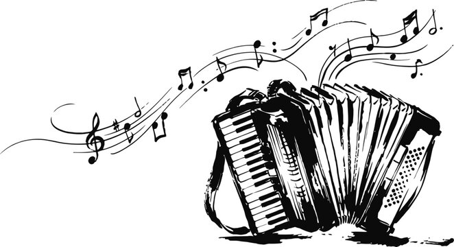 Sketch illustration of an accordion playing music with notes.