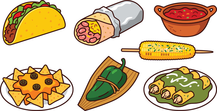 Mexican Cuisine Food Vector Icon Set Featuring Hard Shell Taco, Burrito Wrap, Salsa Bowl, Elote Corn, Nachos, Tamale, and Green Enchiladas for Restaurant Menu Layouts