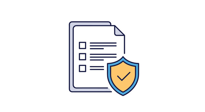 Document checklist icon next to a golden security shield with a checkmark representing compliance policy and verified security.