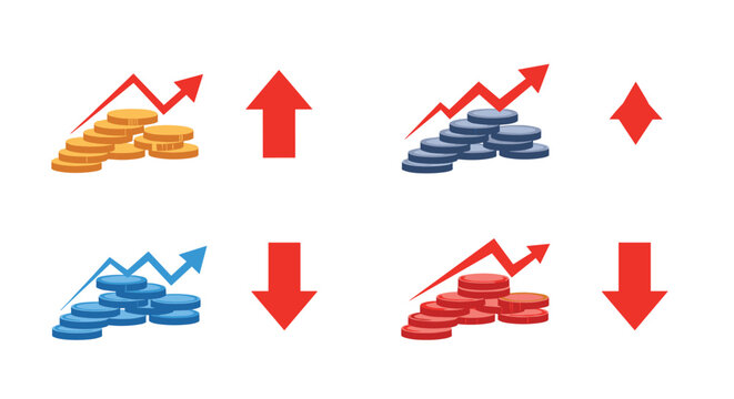 Financial growth and loss infographic elements displaying stacks of coins with red and blue directional arrows.