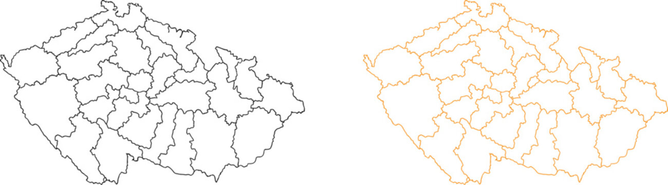 Czech republic map outline with regions and administrative borders